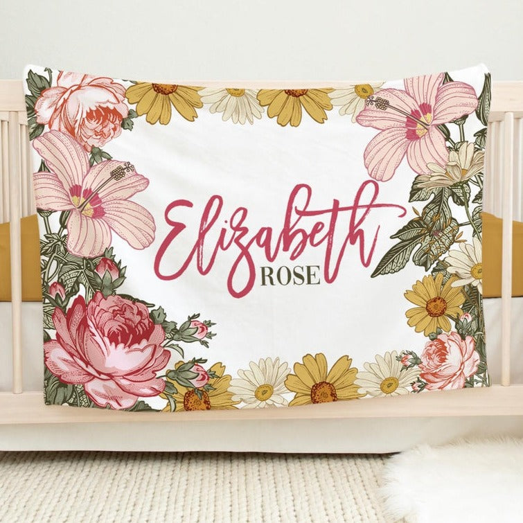 Personalized Minky Fleece Water-color Flower Baby Blanket Yellow