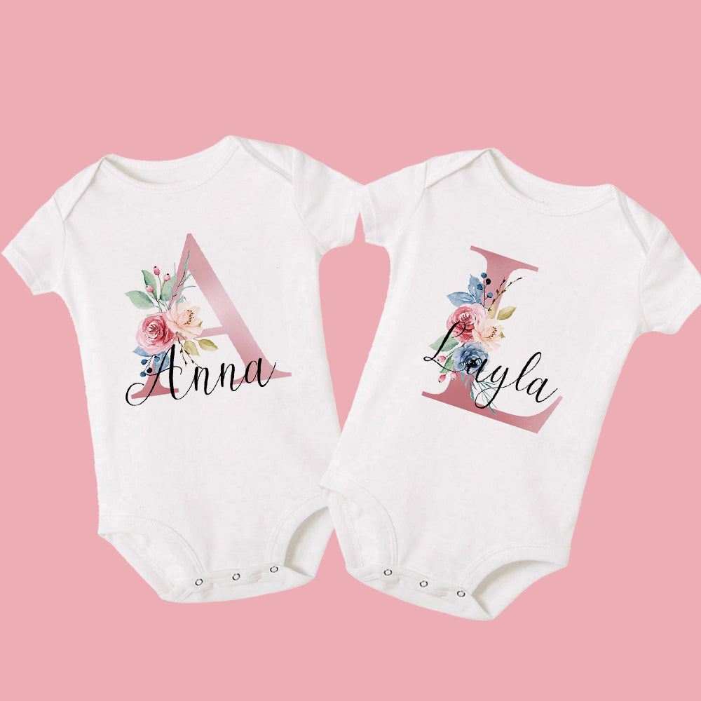 Personalized Floral Theme Baby Onesie Initial With Name