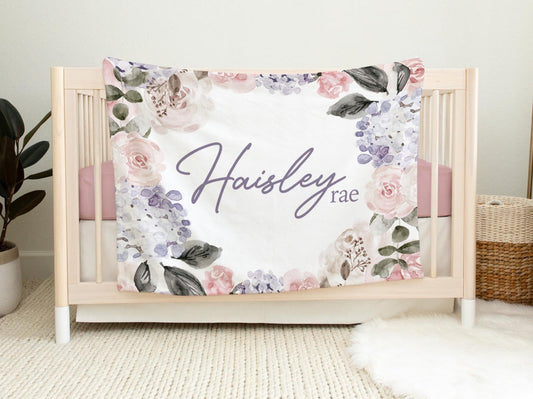 Personalized Minky Fleece Flower Baby Blanket Hydrangea And Rose