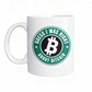 White mug with Bitcoin logo and text on a white background
