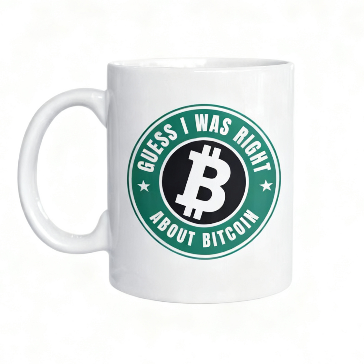 White mug with Bitcoin logo and text on a white background