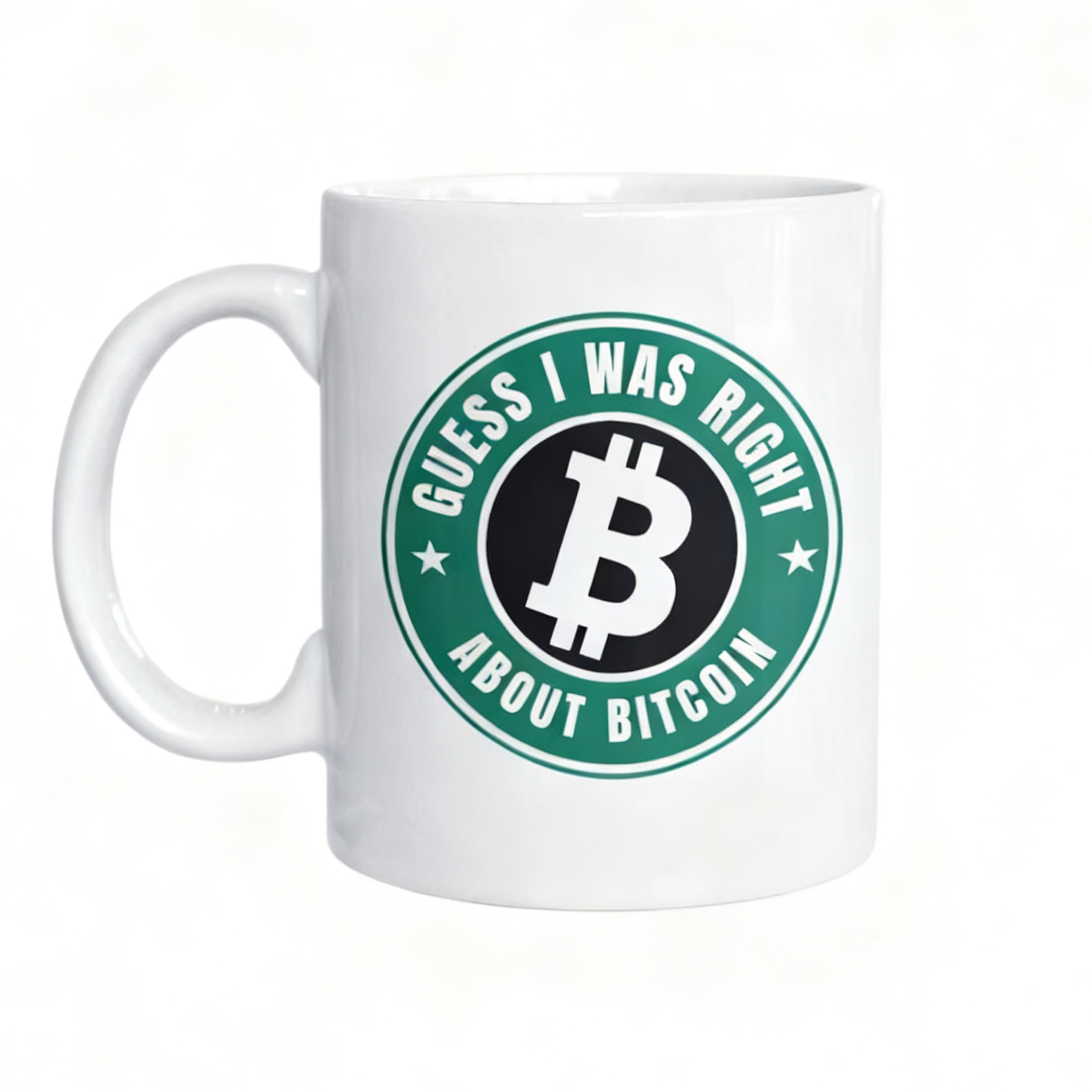 White mug with Bitcoin logo and text on a white background