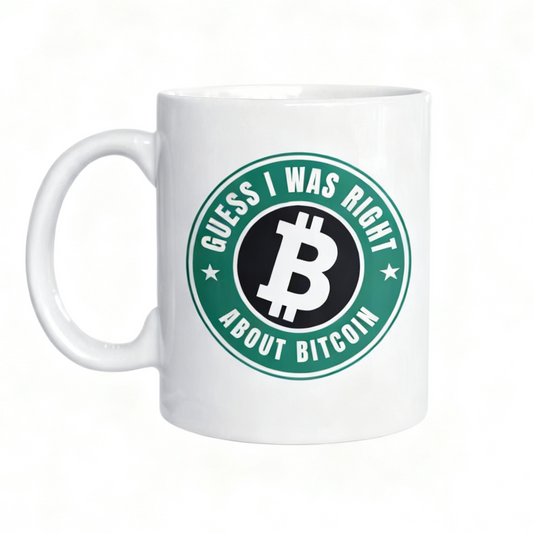White mug with Bitcoin logo and text on a white background
