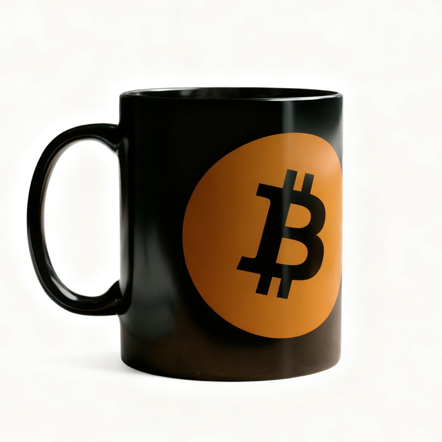 Black mug with Bitcoin logo on an orange circle against a white background