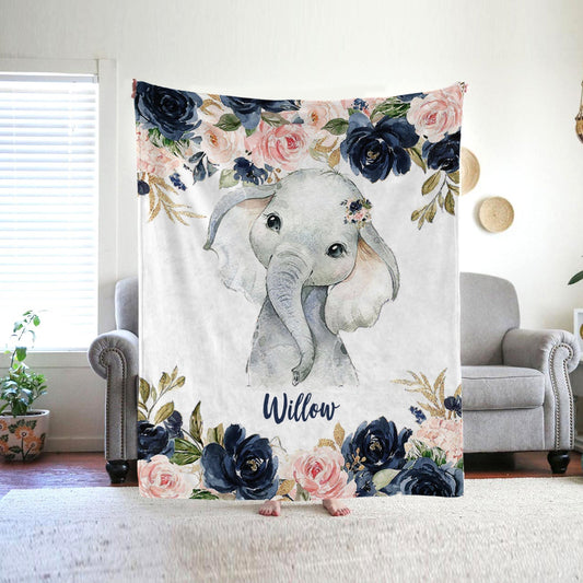 Personalized Name Fleece Blanket 01-Elephant