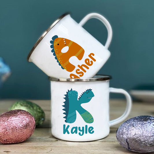 Personalized Dinosaur Alphabet Initial Kids Enamel Camping Mugs