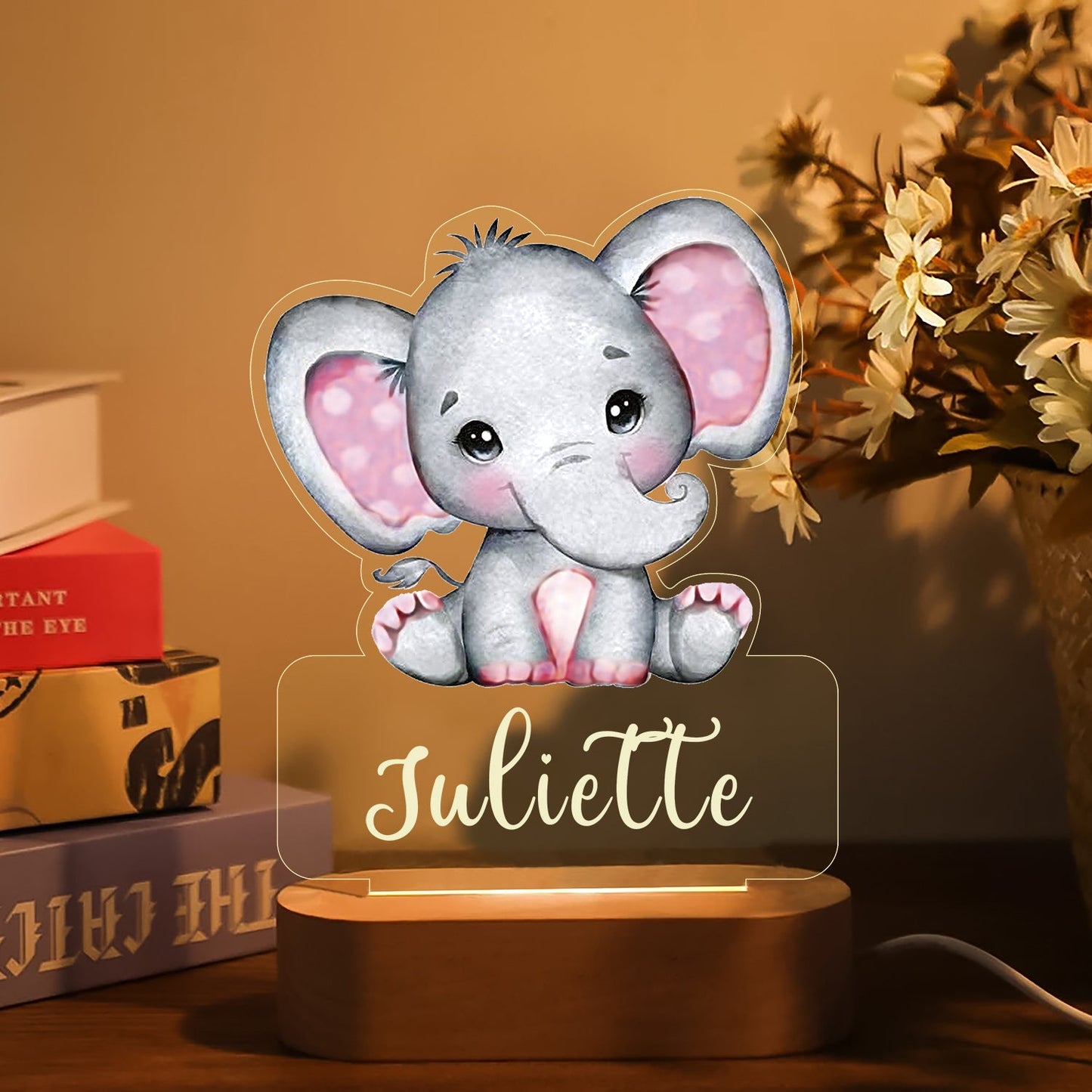 Personalized Bedroom Led Night Light Boys Girls Animal Theme Elephant Blue Pink