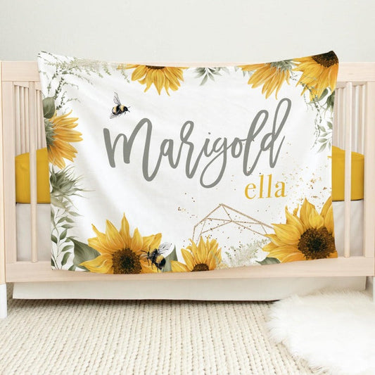 Personalized Minky Fleece Water-color Flower Baby Blanket Sunflower