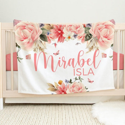 Personalized Minky Fleece Water-color Flower Baby Blanket Pink