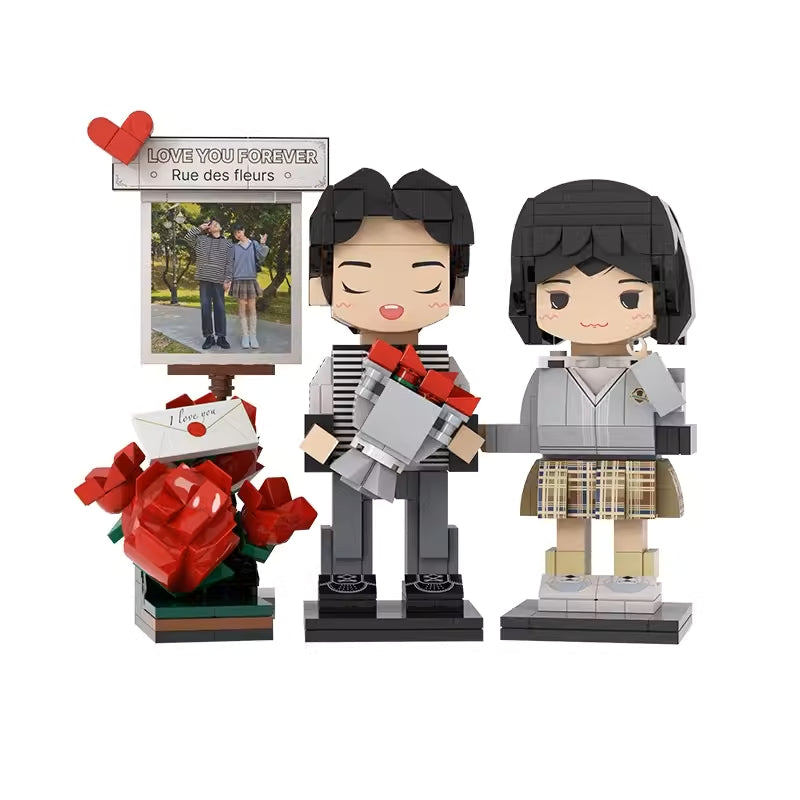 Customized 2-Person Building Block Character Photo Frame, Small Particle Building Block Home Decor, Building Block Figures, Rose