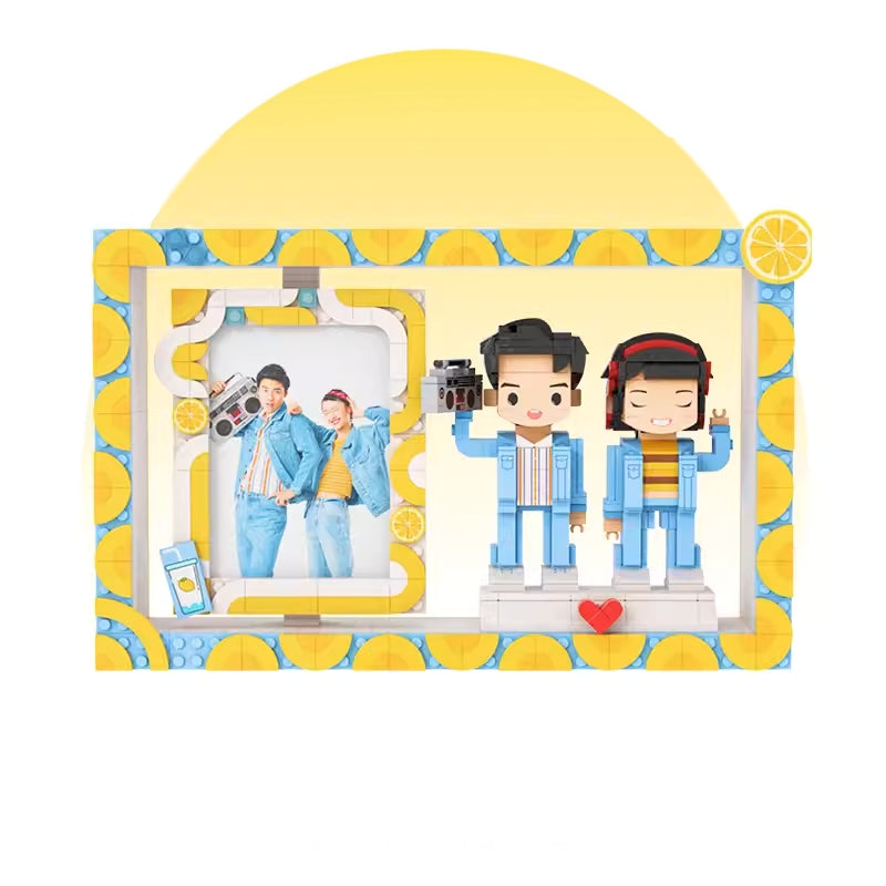 Customized 2-Person Building Block Character Photo Frame, Small Particle Building Block Home Decor, Building Block Figures, Lemon Style