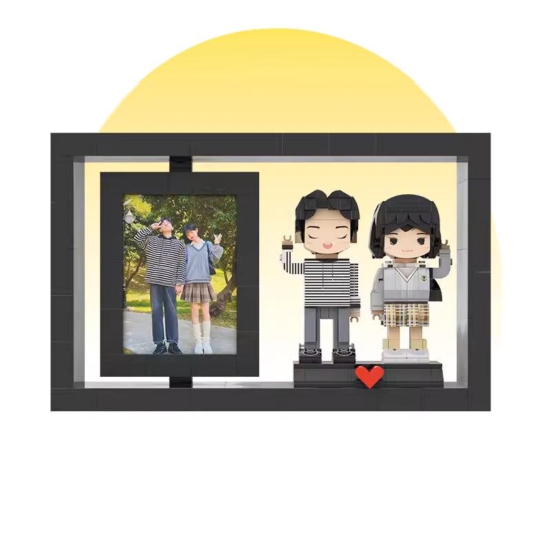 Customized 2-Person Building Block Character Photo Frame, Small Particle Building Block Home Decor, Building Block Figures, Black Photo Frame