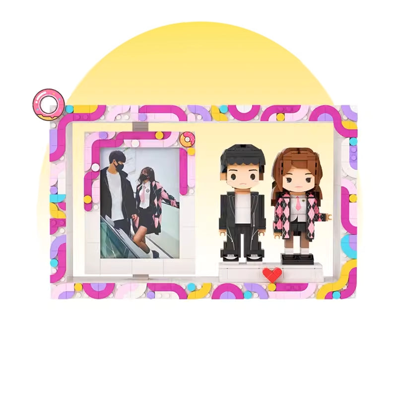 Customized 2-Person Building Block Character Photo Frame, Small Particle Building Block Home Decor, Building Block Figures-Purple