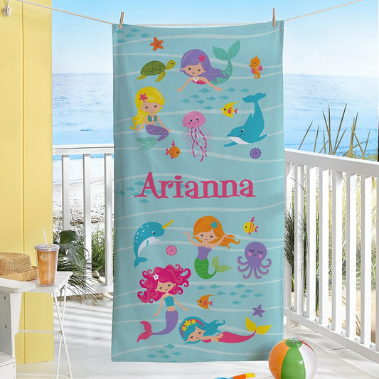 Personalized Kids Microfiber Beach Towel Mermaid Sea World