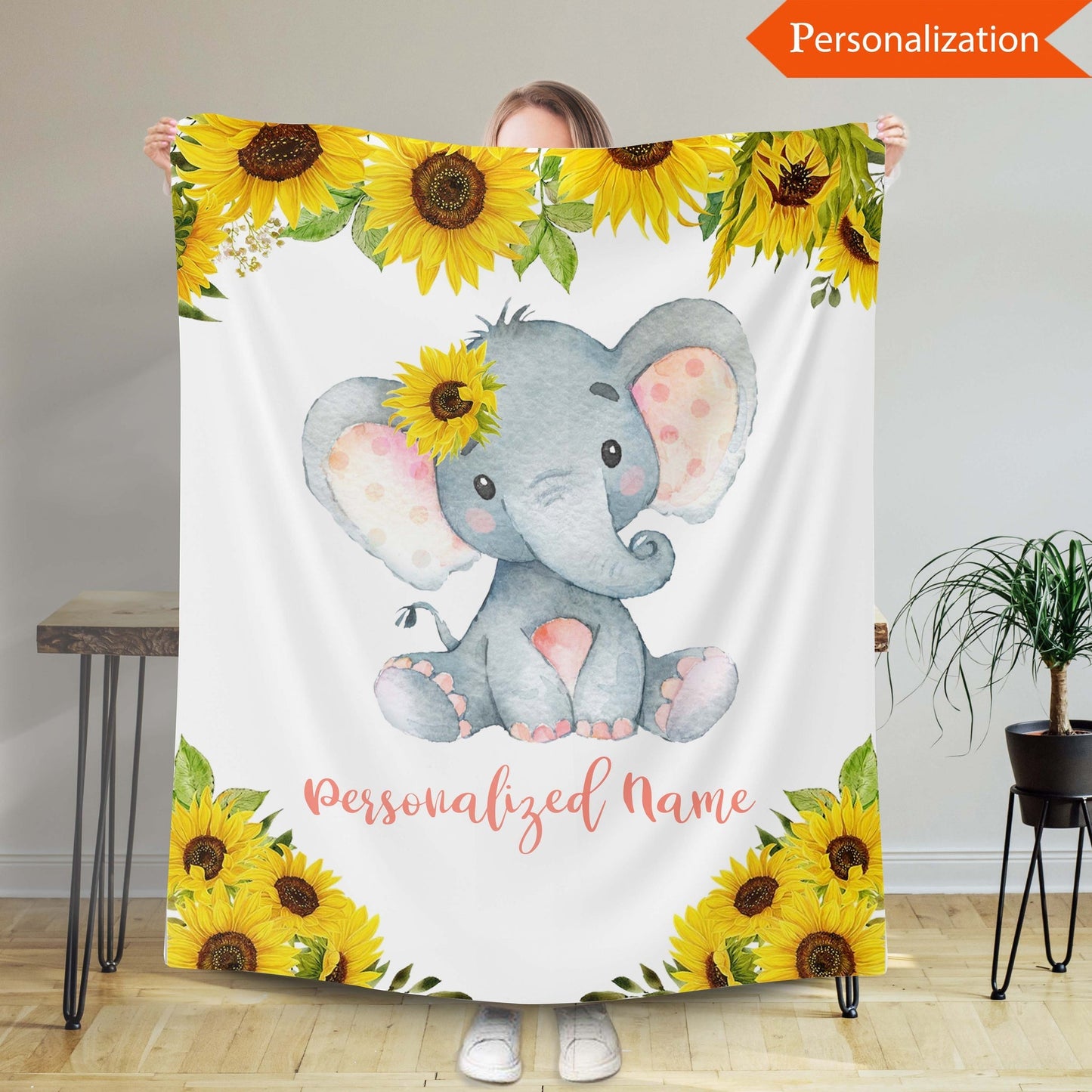 Personalized Elephant Sunflower Newborn Baby Girl Children Name Fleece Blanket | 110922
