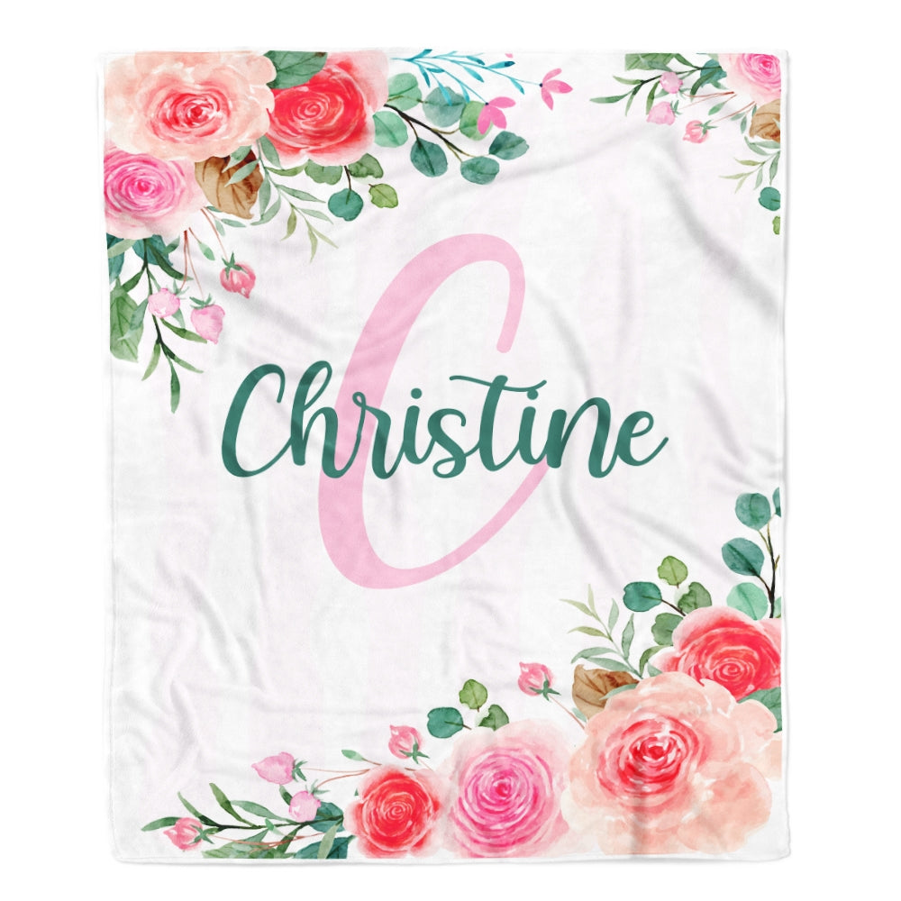 Personalized Minky Fleece Water-color Flower Baby Blanket With Initial