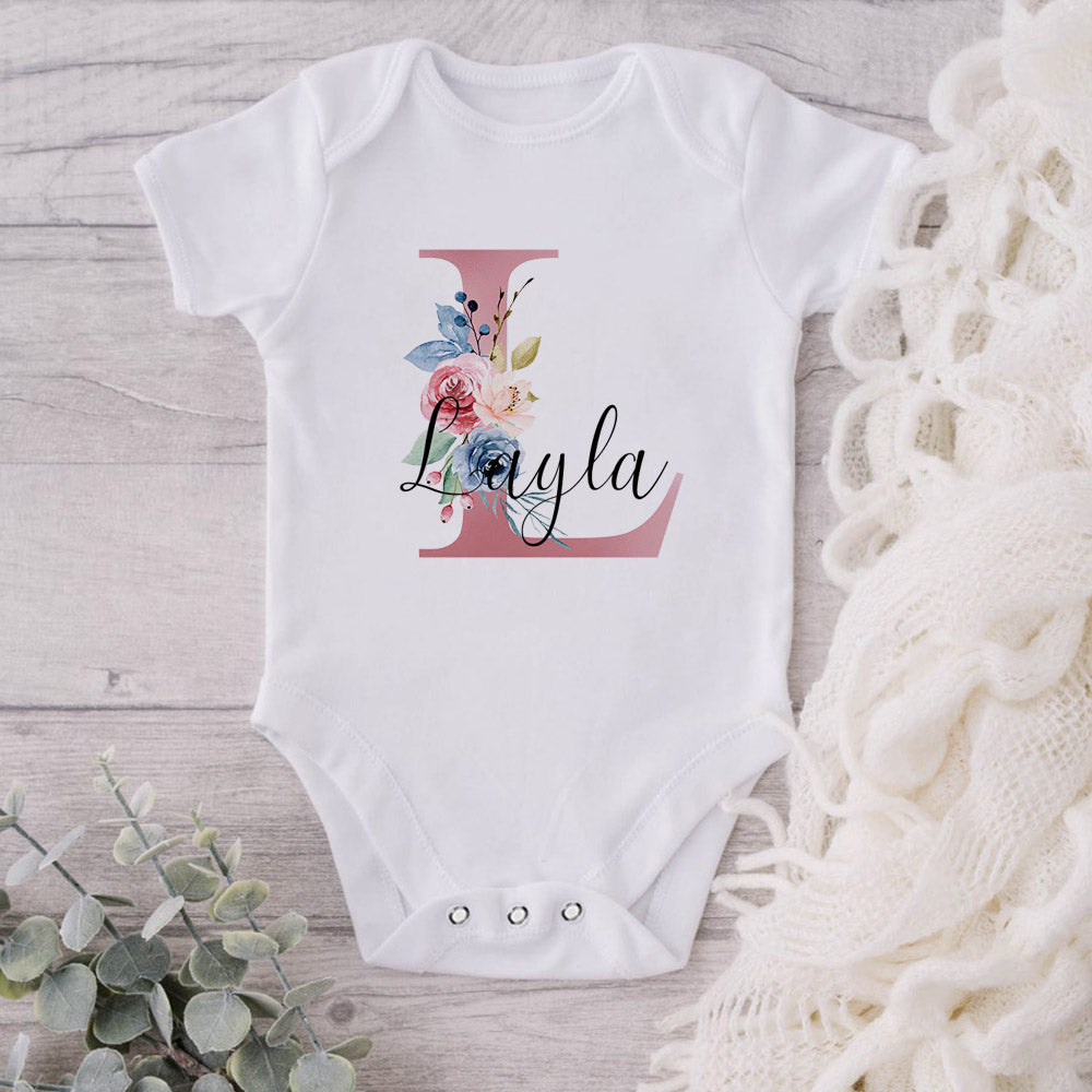 Personalized Floral Theme Baby Onesie Initial With Name