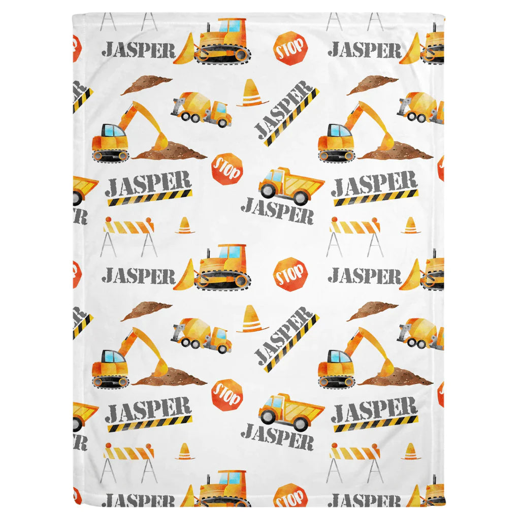 Personalized Minky Swaddle Blanket Name Construction Theme White