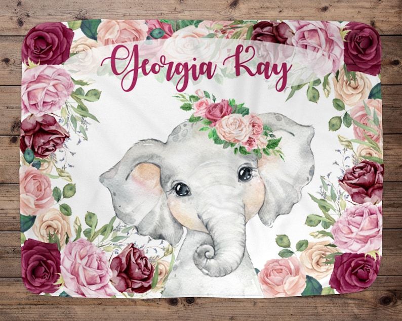 Personalized Name Fleece Elephant Blanket With Rose
