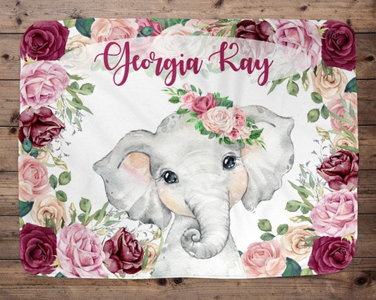 Personalized Name Fleece Elephant Blanket With Rose