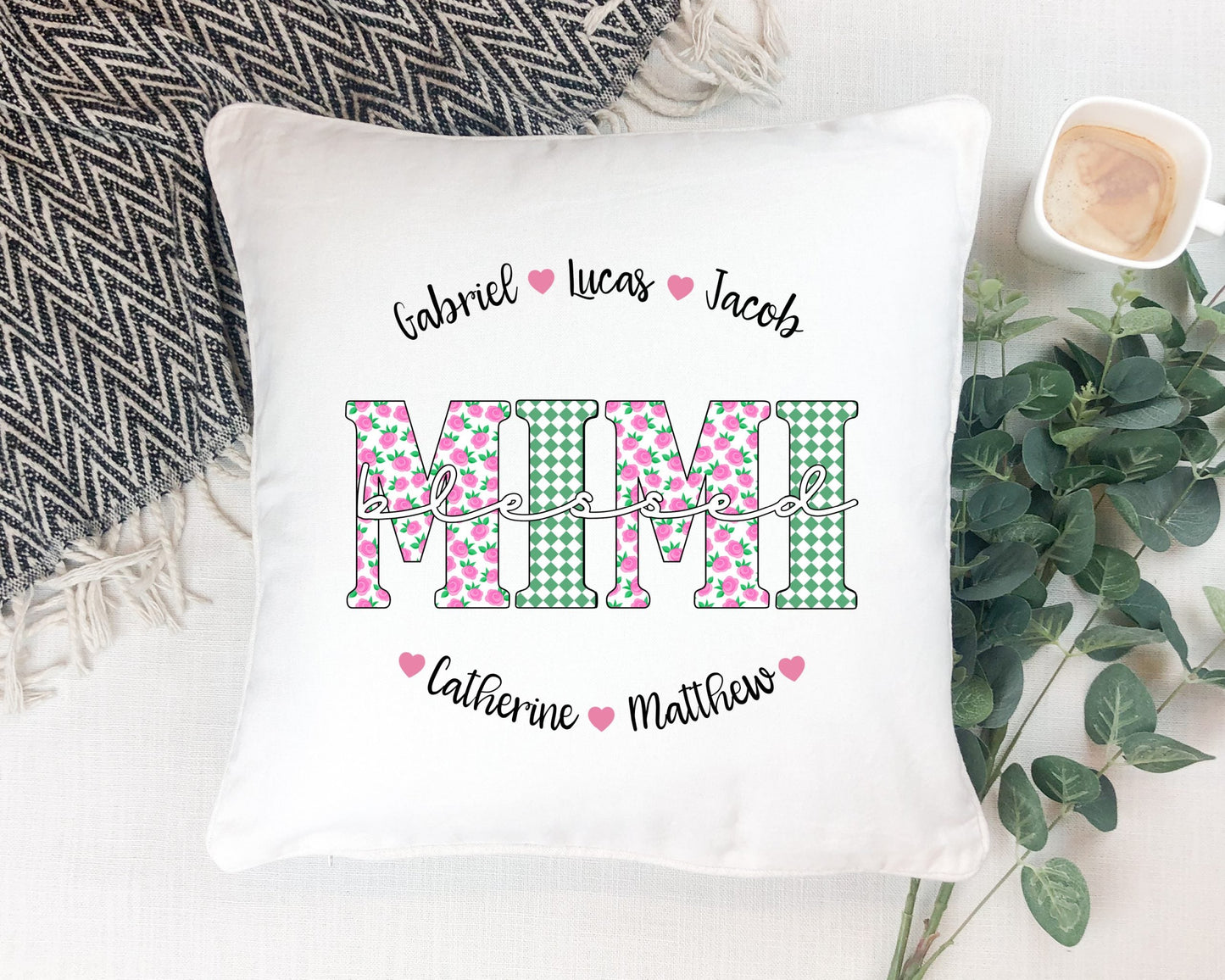 Personalized Blessed Mom Grandma Nana Name Pillow With Pink Green Flower