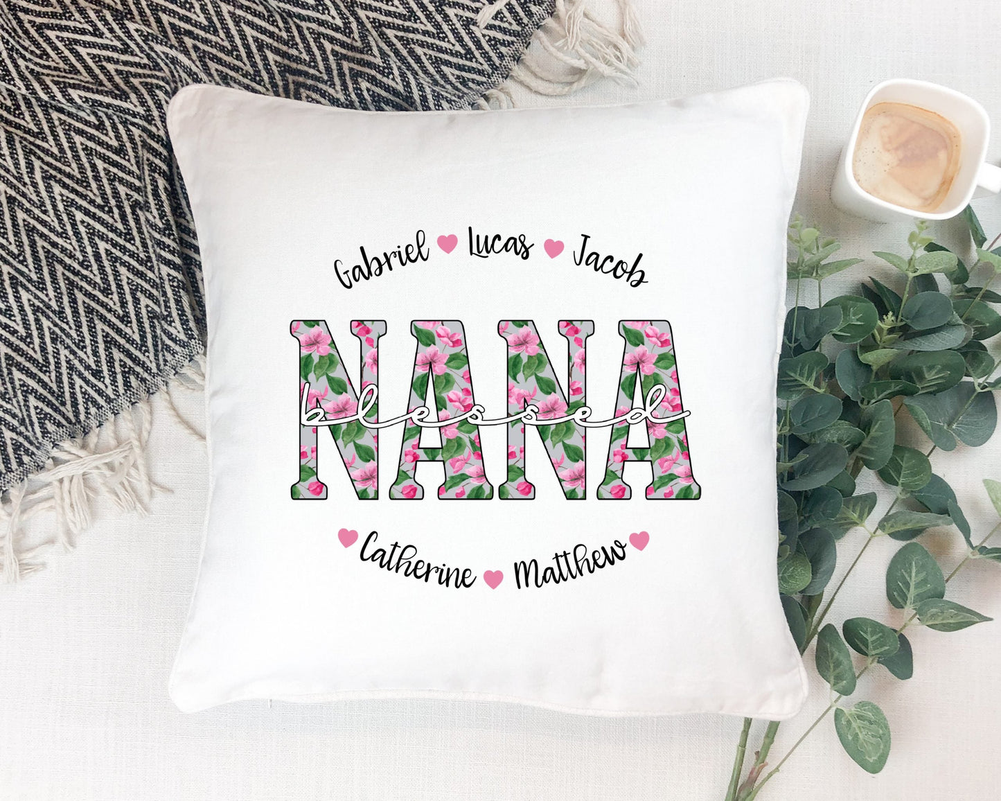 Personalized Blessed Mom Grandma Nana Gigi Name Pillow With Blossoms