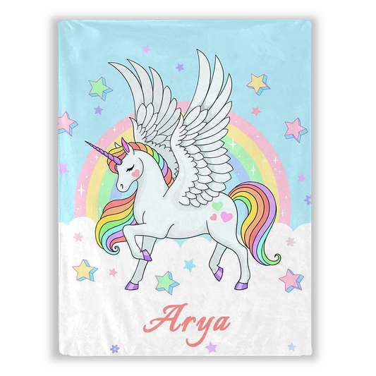 Custom Magical Unicorn Blanket With Name Rainbow Blue