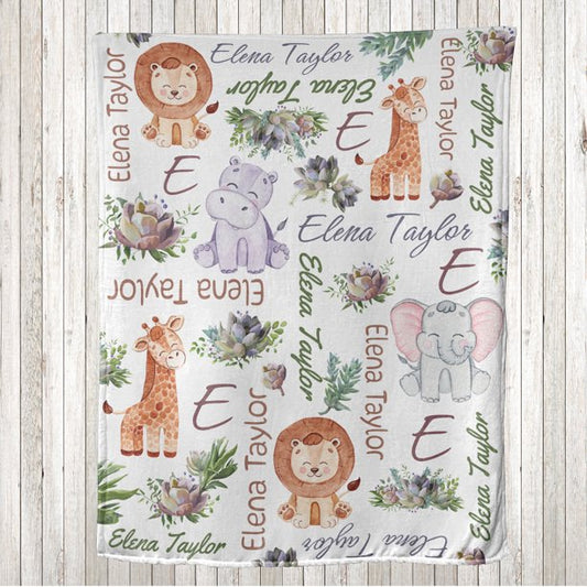 Personalized Animal Name Art Fleece Blanket Lion Giraffe