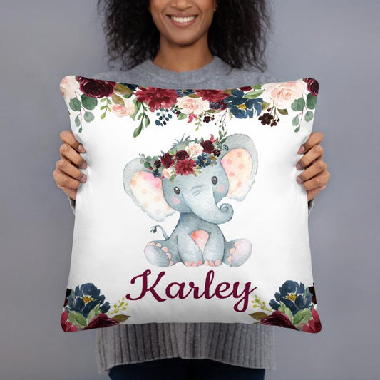 Personalized Baby Floral Red Elephant Throw Pillow