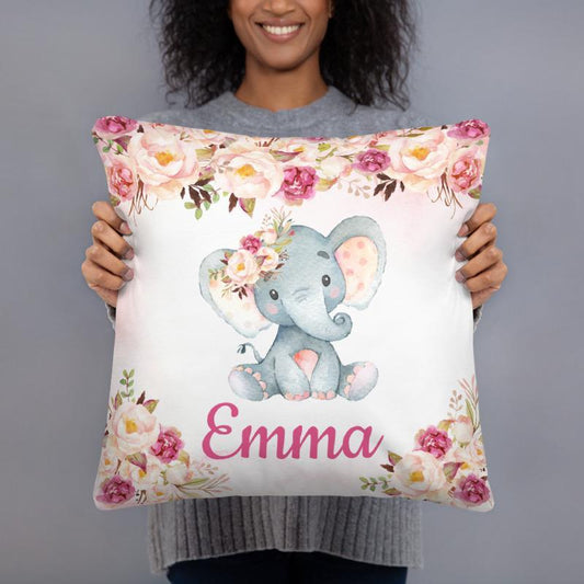 Personalized Baby Floral Elephant Throw Pillow