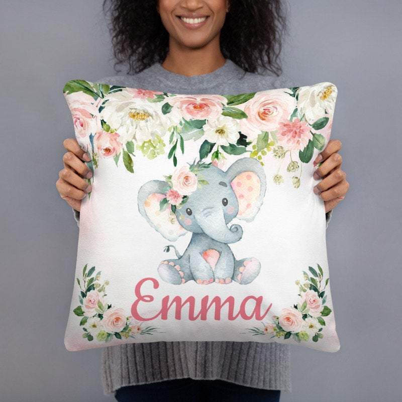 Personalized Baby Floral Pink Elephant Throw Pillow