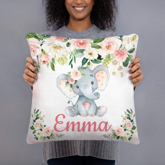 Personalized Baby Floral Pink Elephant Throw Pillow