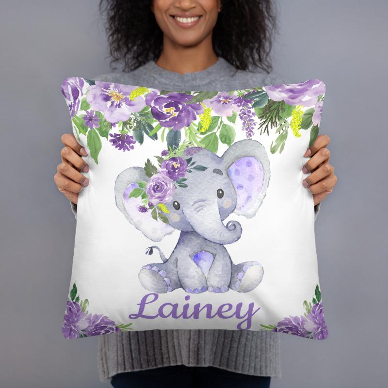Personalized Baby Floral Purple Elephant Throw Pillow
