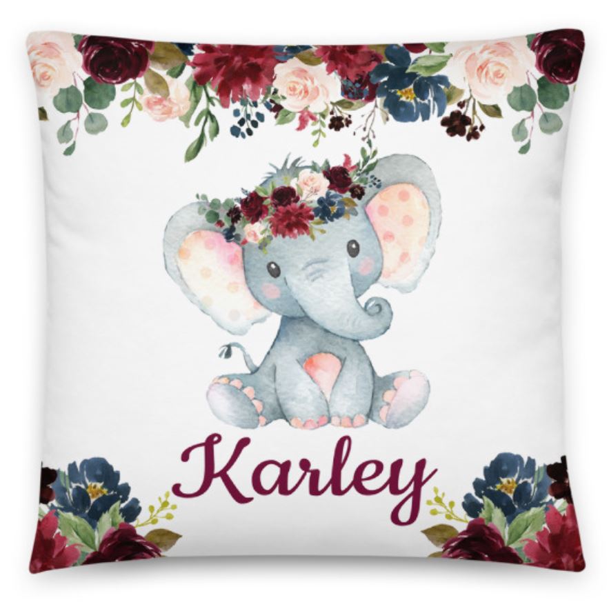 Personalized Baby Floral Red Elephant Throw Pillow