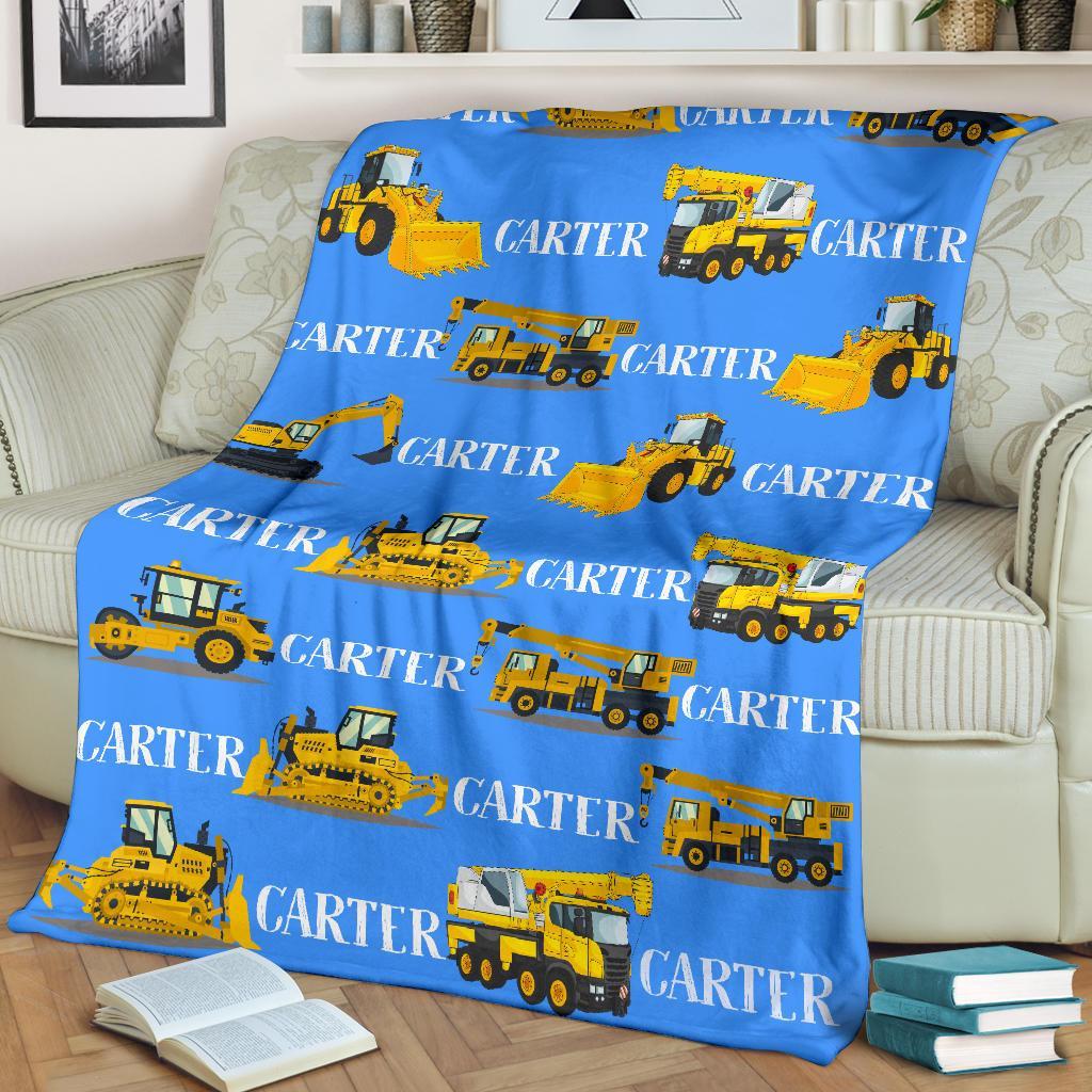 Custom Name Fleece Construction Blanket I22 - Trucks, Excavatros, Tractor, Tools Car For Kids