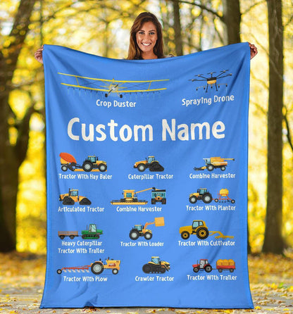 Custom Name Fleece Construction Blanket I23 - trucks, planes, excavators, tractor for kids