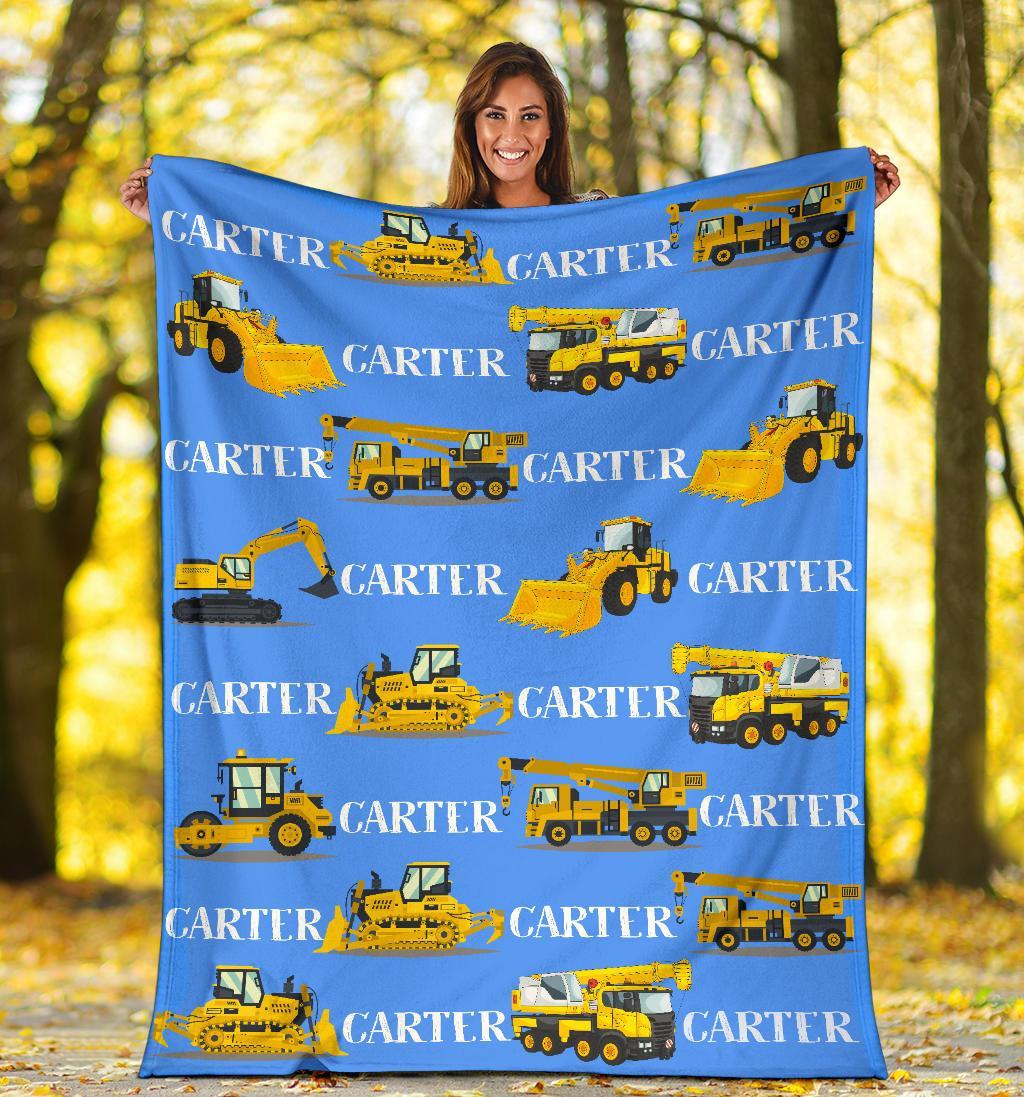 Custom Name Fleece Construction Blanket I22 - Trucks, Excavatros, Tractor, Tools Car For Kids