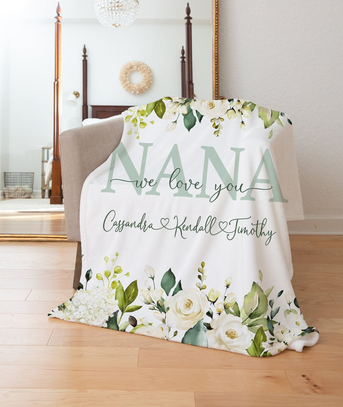 Personalized  Flora Mom/Nana/Auntie We Love You Blanket Green Floral