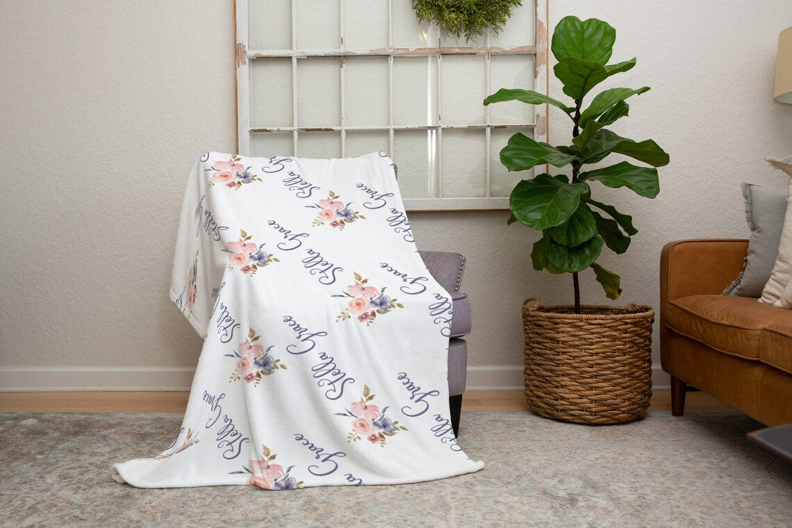 Personalized Minky Fleece Baby Name Blanket Pink and Purple Floral