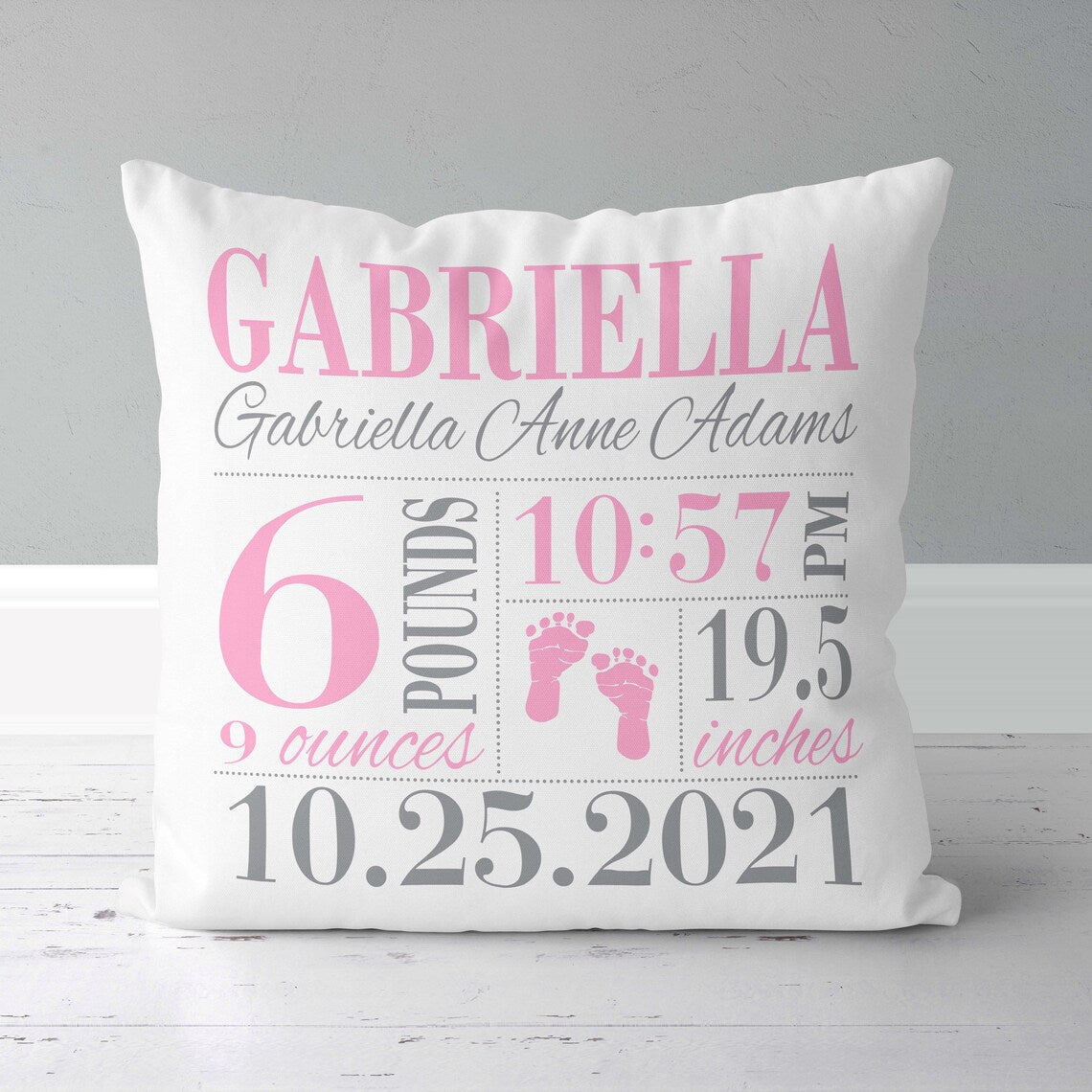 Personalized Floral Baby Throw Pillow With Birth Info