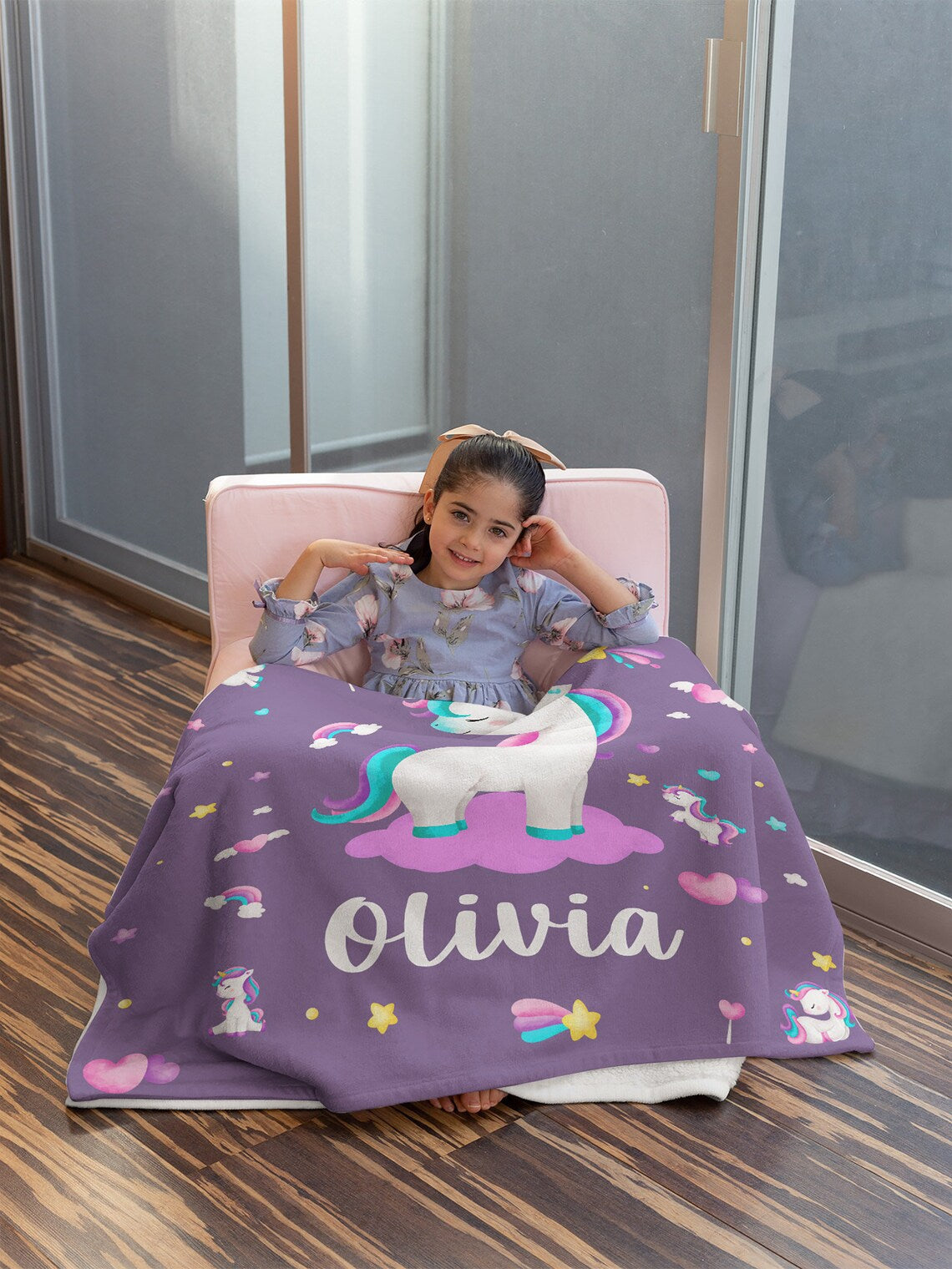 Custom Unicorn On The Cloud Name Blanket Purple