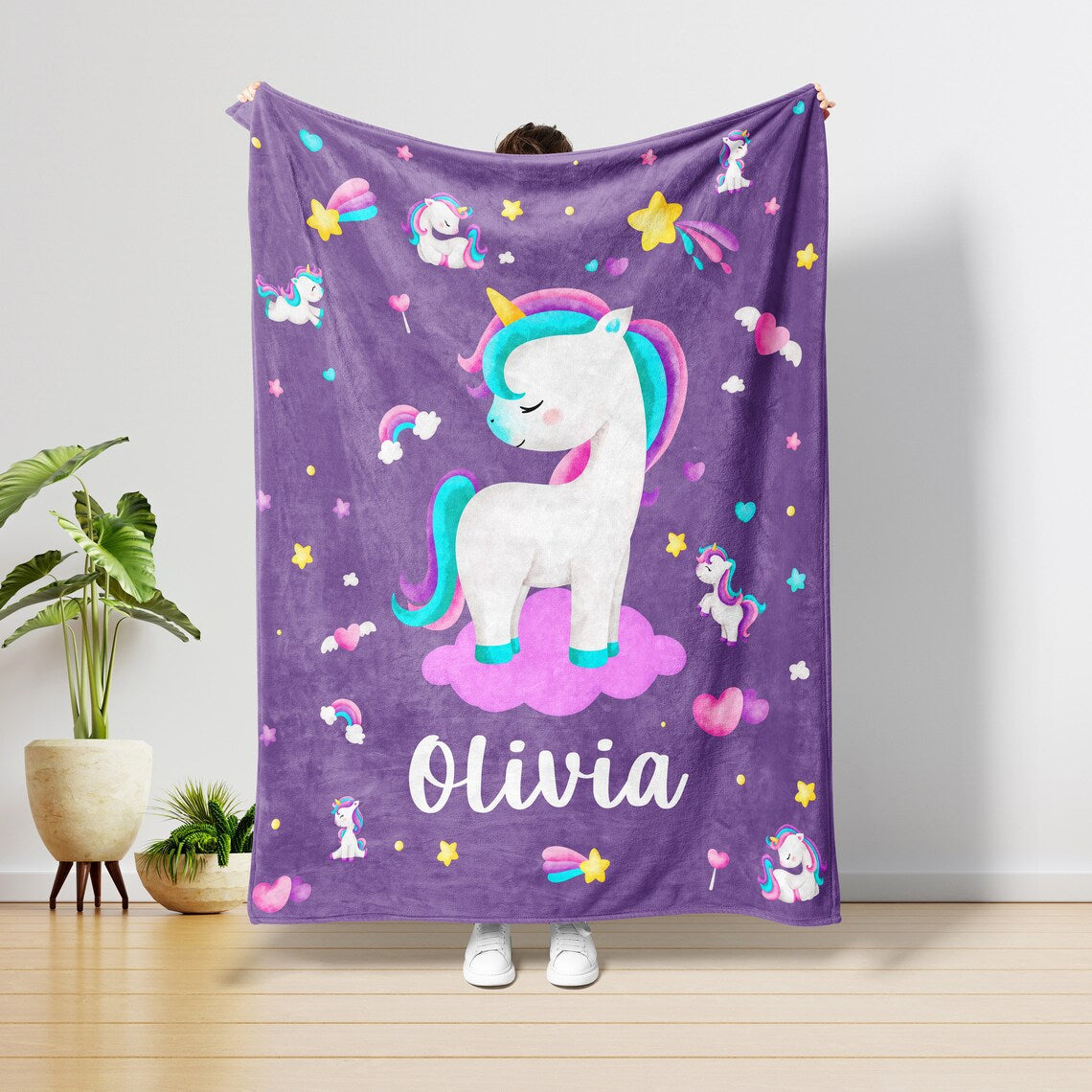 Custom Unicorn On The Cloud Name Blanket Purple