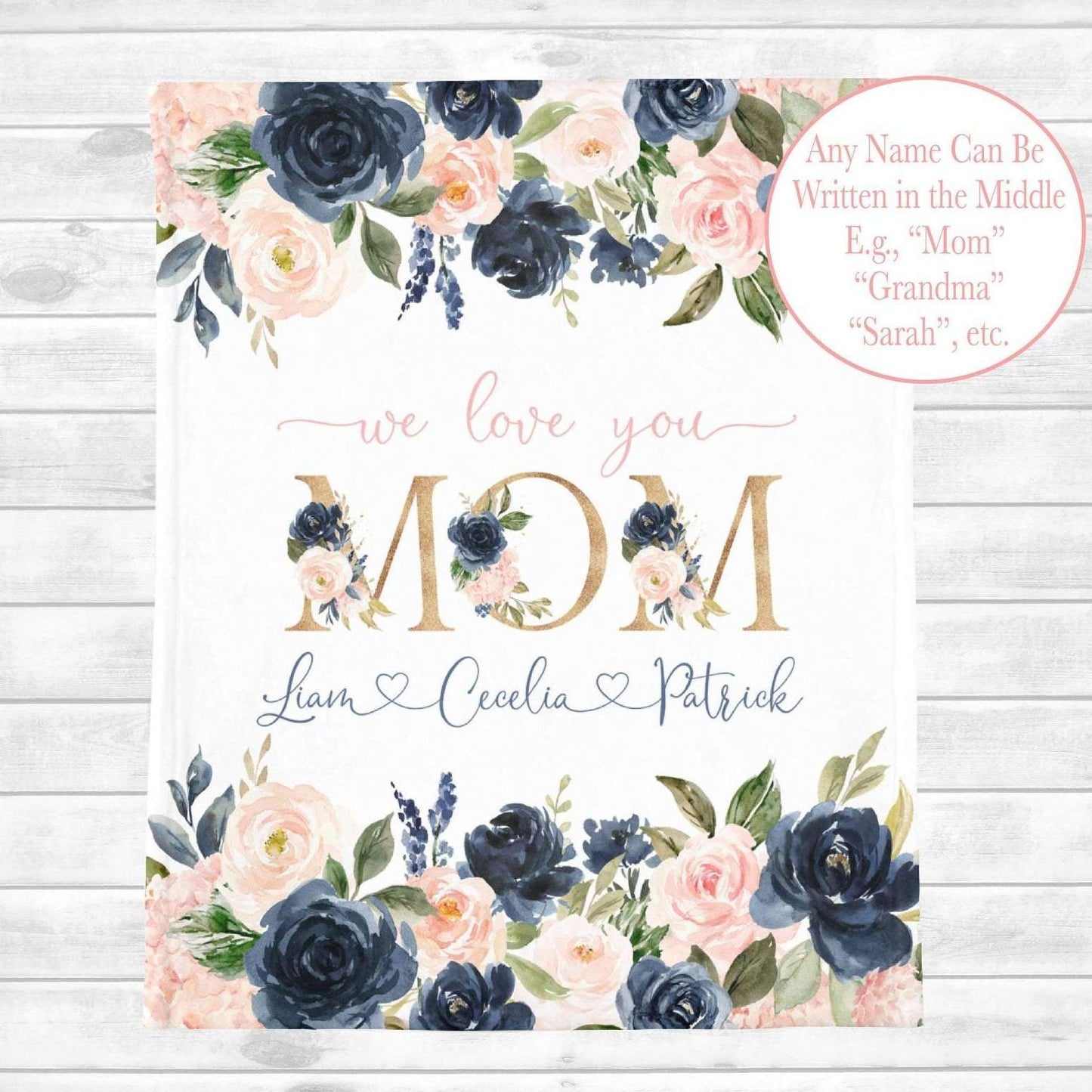 Personalized  Flora Mom/Nana/Auntie We Love You Blanket Blue Florals