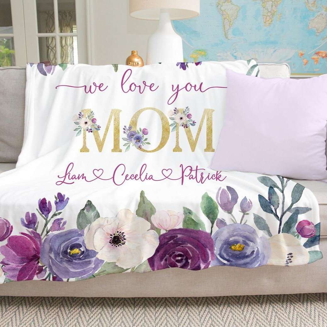 Personalized  Flora Mom/Nana/Auntie We Love You Blanket Purple Floral