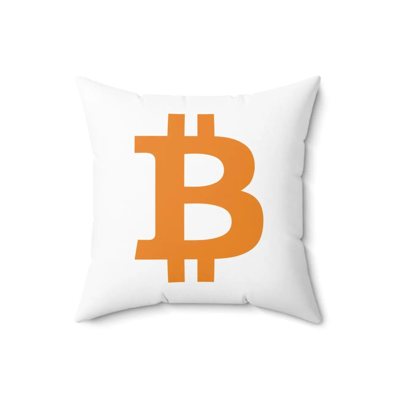 White pillow with orange Bitcoin symbol on a white background