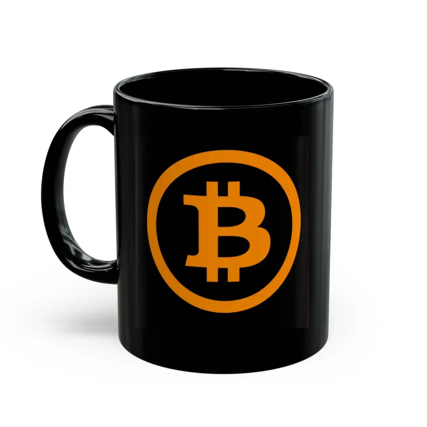 Black mug with Bitcoin logo on a white background