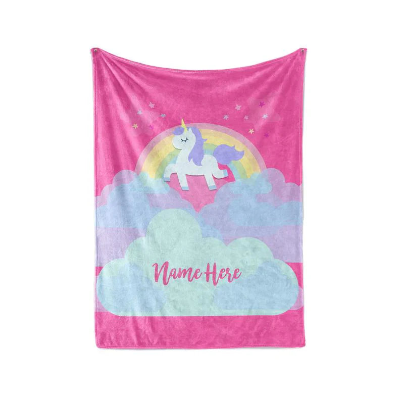 Custom Rainbow Unicorn With Name Blankets On The Cloud