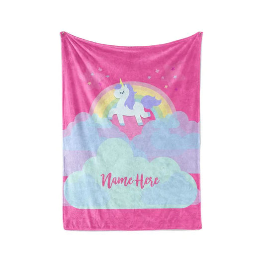 Custom Rainbow Unicorn With Name Blankets On The Cloud