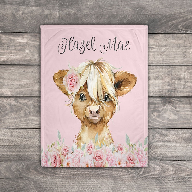 Personalized Fleece Blanket Cow With Rose