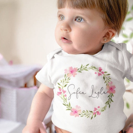 Personalized Baby Girl Onesie With Name Floral Pink